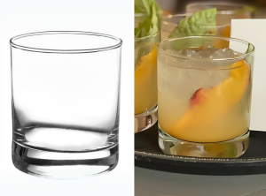 Rental Rock Glass ; Peach Basil Mule ; cocktail on a tray