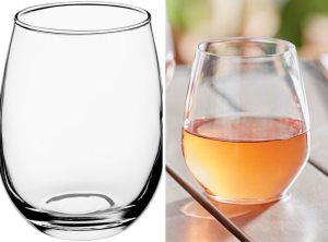 Rental Stemless Wine Glass ; wine in stemless glass